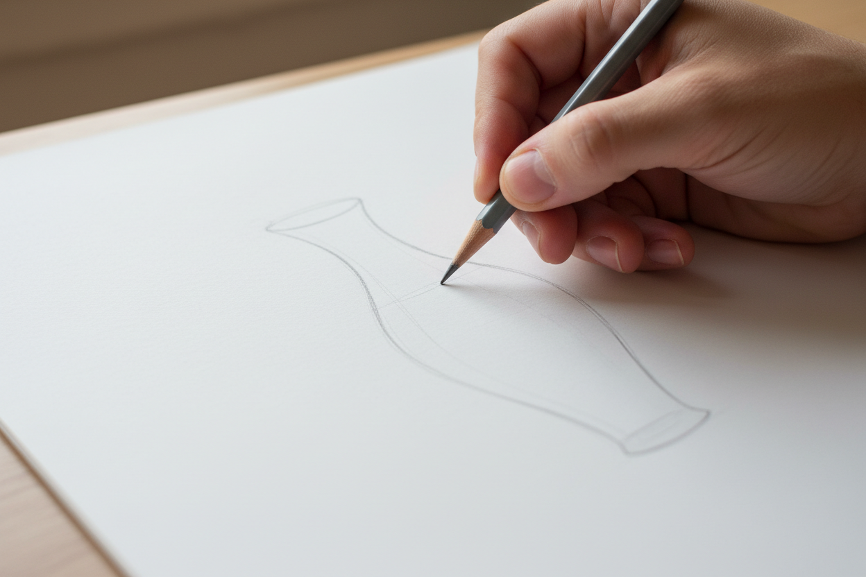 Génère moi une main qu'on vois dessiner un vase avec un crayon et une feuille blanche