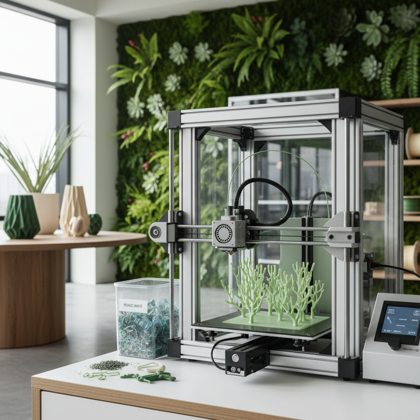 Propose moi une photo qui représente la preservation de l'environnement grâce à la création de produit en impression 3D 