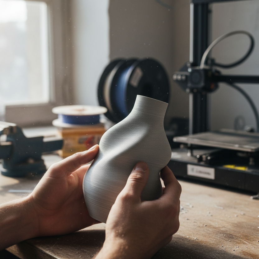 Quelqu'un qui tiens un vase imprimé en 3D dans les mains et qui est entrain de le préparer dans son atelier